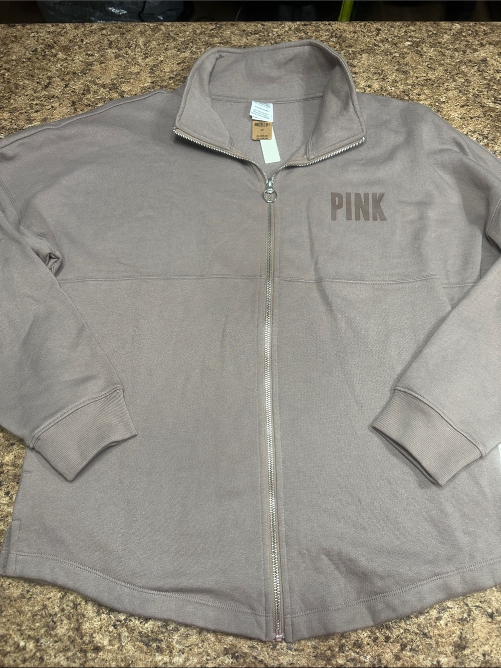 NWT PINK Victoria Secret Zip-Up Sweatshirt Jacket in Taupe Oversized Small
